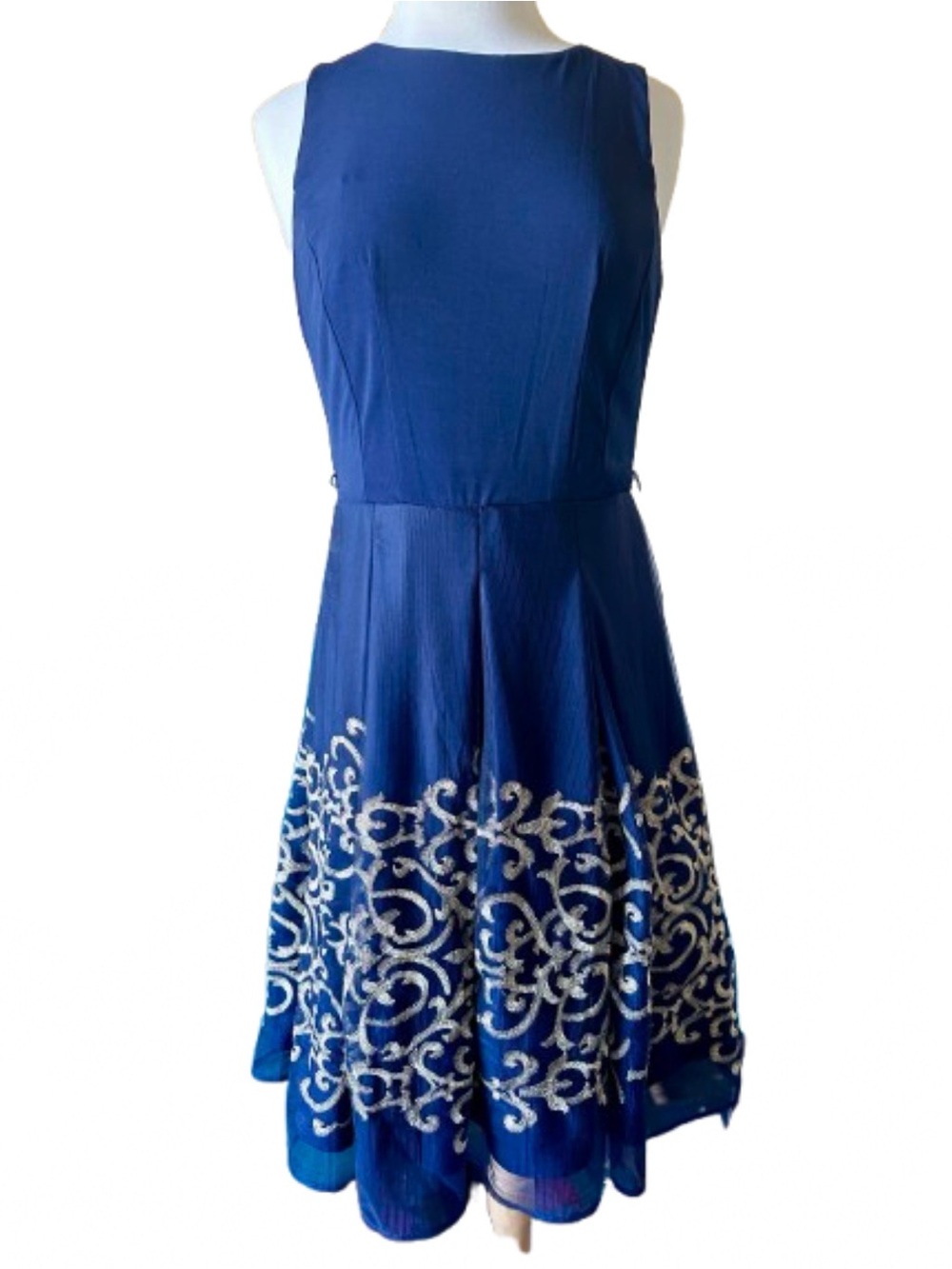 Leslie Fay Blue Gold Scroll Embroidered Fit Flare Dress Layered Skirt Size 10
